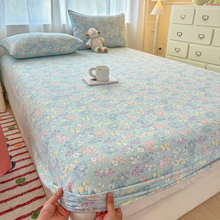 91家纺网 家纺一手货源 找家纺 温眠家纺 2025新款高克重云感双层纱床笠三件套学生床二件套床笠单品 双层纱床笠-海棠花颂蓝