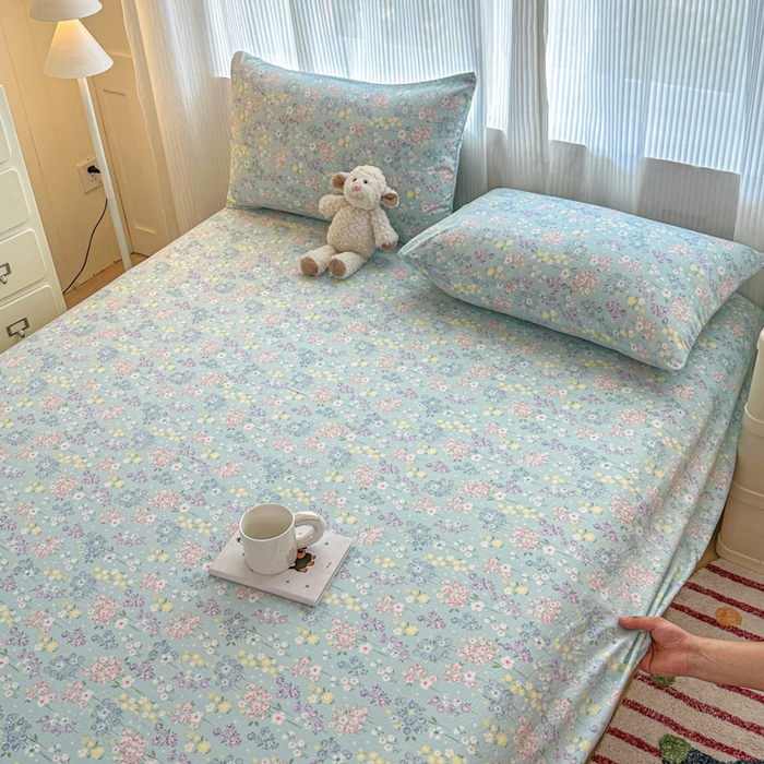 91家纺网 家纺一手货源 找家纺 温眠家纺 2025新款高克重云感双层纱床笠三件套学生床二件套床笠单品 双层纱床笠-海棠花颂蓝