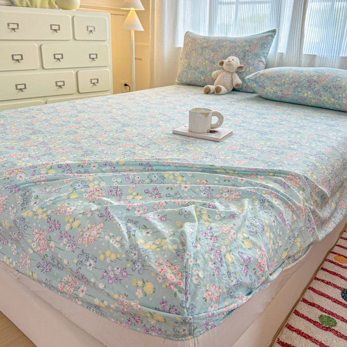 91家纺网 家纺一手货源 找家纺 温眠家纺 2025新款高克重云感双层纱床笠三件套学生床二件套床笠单品 双层纱床笠-海棠花颂蓝