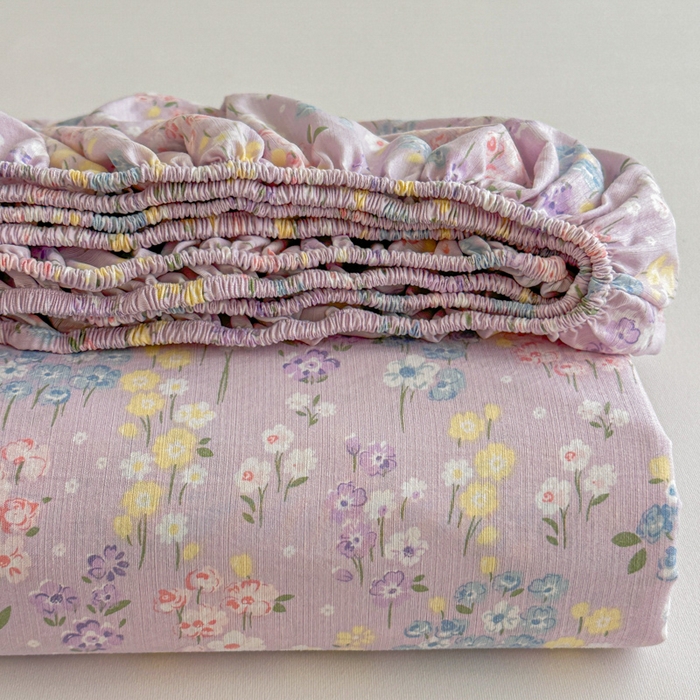 91家纺网 家纺一手货源 找家纺 温眠家纺 2025新款高克重云感双层纱床笠三件套学生床二件套床笠单品 双层纱床笠-海棠花颂紫