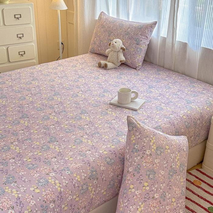 91家纺网 家纺一手货源 找家纺 温眠家纺 2025新款高克重云感双层纱床笠三件套学生床二件套床笠单品 双层纱床笠-海棠花颂紫