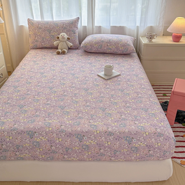 91家纺网 家纺一手货源 找家纺 温眠家纺 2025新款高克重云感双层纱床笠三件套学生床二件套床笠单品 双层纱床笠-海棠花颂紫