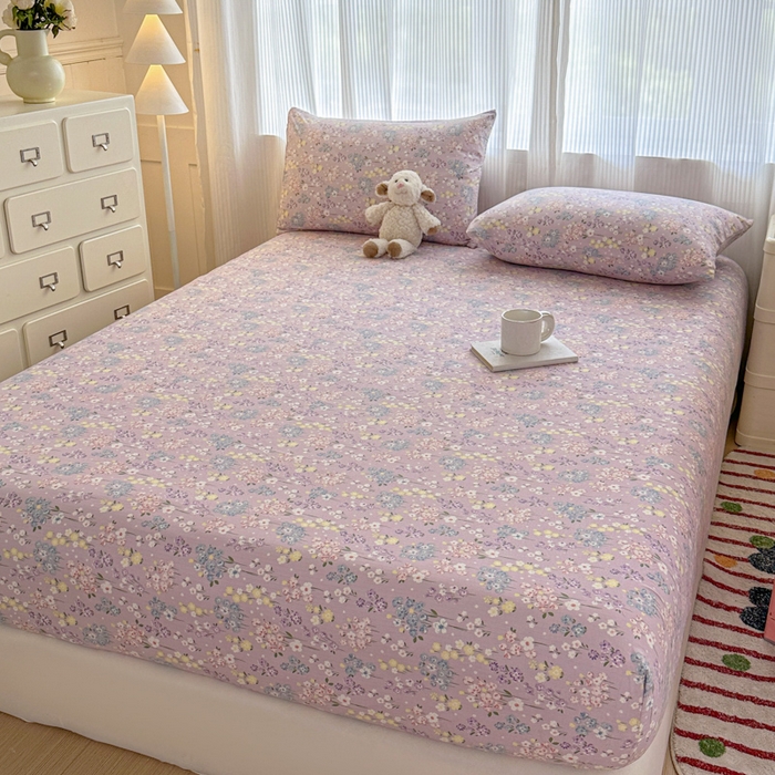 91家纺网 家纺一手货源 找家纺 温眠家纺 2025新款高克重云感双层纱床笠三件套学生床二件套床笠单品 双层纱床笠-海棠花颂紫