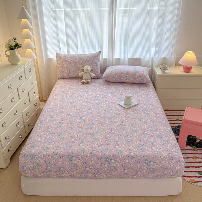 91家纺网 家纺一手货源 找家纺 温眠家纺 2025新款高克重云感双层纱床笠三件套学生床二件套床笠单品 双层纱床笠-海棠花颂紫