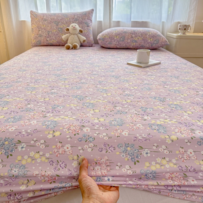 91家纺网 家纺一手货源 找家纺 温眠家纺 2025新款高克重云感双层纱床笠三件套学生床二件套床笠单品 双层纱床笠-海棠花颂紫