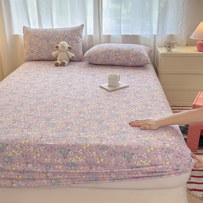 91家纺网 家纺一手货源 找家纺 温眠家纺 2025新款高克重云感双层纱床笠三件套学生床二件套床笠单品 双层纱床笠-海棠花颂紫