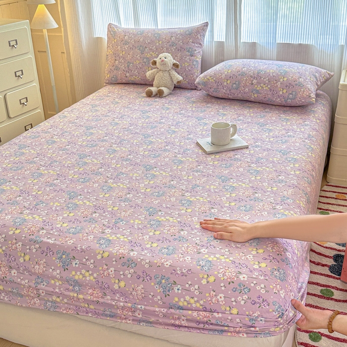 91家纺网 家纺一手货源 找家纺 温眠家纺 2025新款高克重云感双层纱床笠三件套学生床二件套床笠单品 双层纱床笠-海棠花颂紫