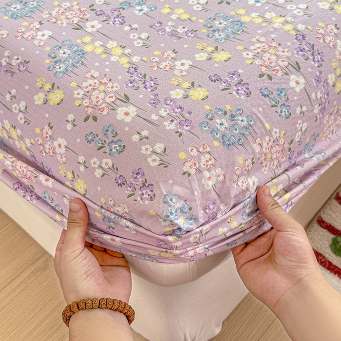 91家纺网 家纺一手货源 找家纺 温眠家纺 2025新款高克重云感双层纱床笠三件套学生床二件套床笠单品 双层纱床笠-海棠花颂紫