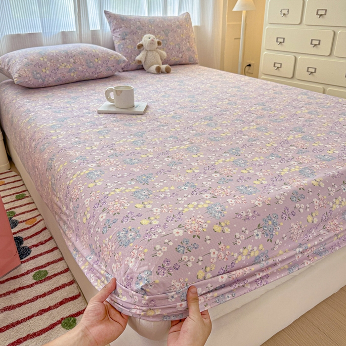 91家纺网 家纺一手货源 找家纺 温眠家纺 2025新款高克重云感双层纱床笠三件套学生床二件套床笠单品 双层纱床笠-海棠花颂紫