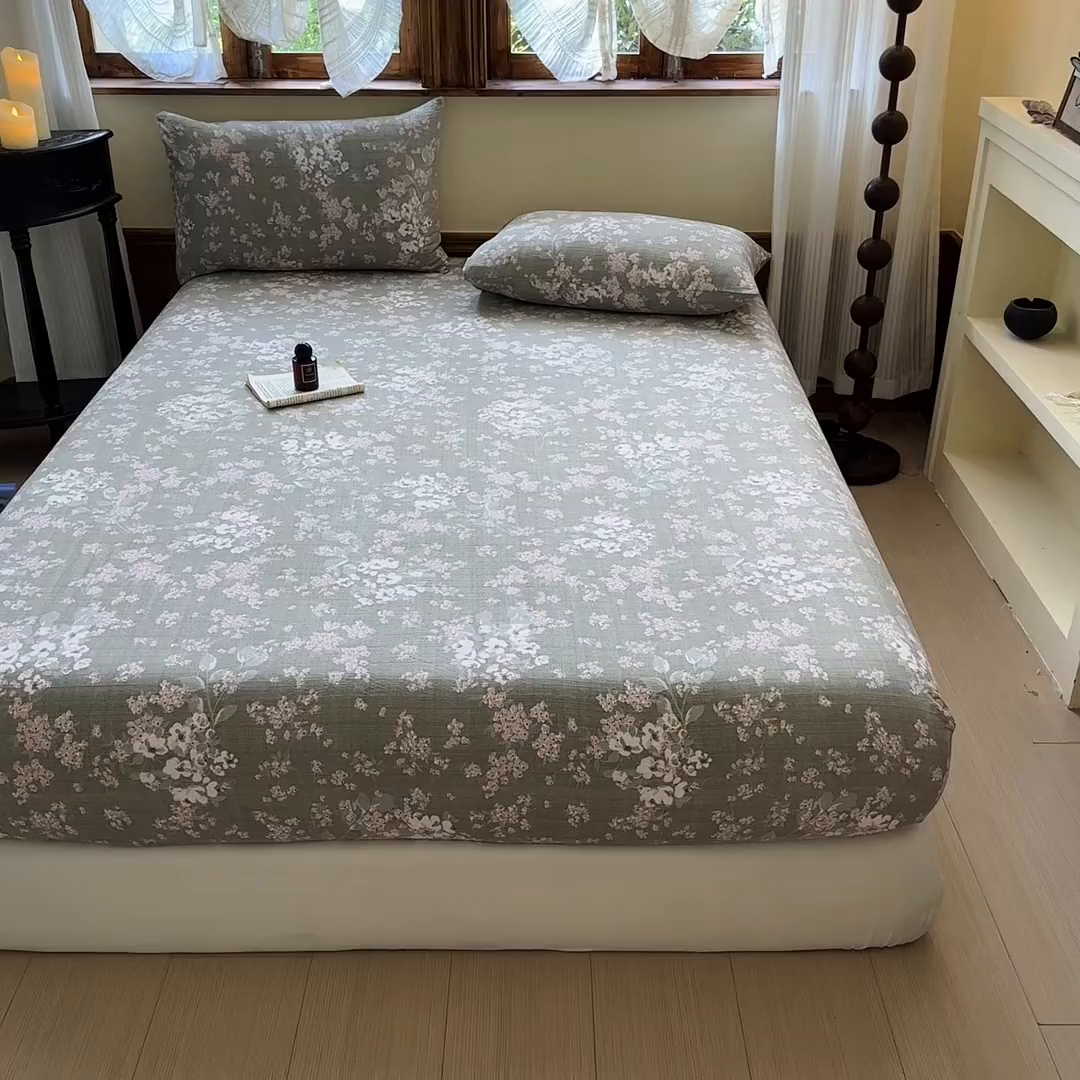 91家纺网 家纺一手货源 找家纺 温眠家纺 2025新款双层纱单件床笠床单 云卷抒