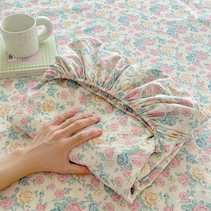 温眠家纺 2025新款高克重云感双层纱床笠三件套学生床二件套床笠单品 双层纱床笠-花海