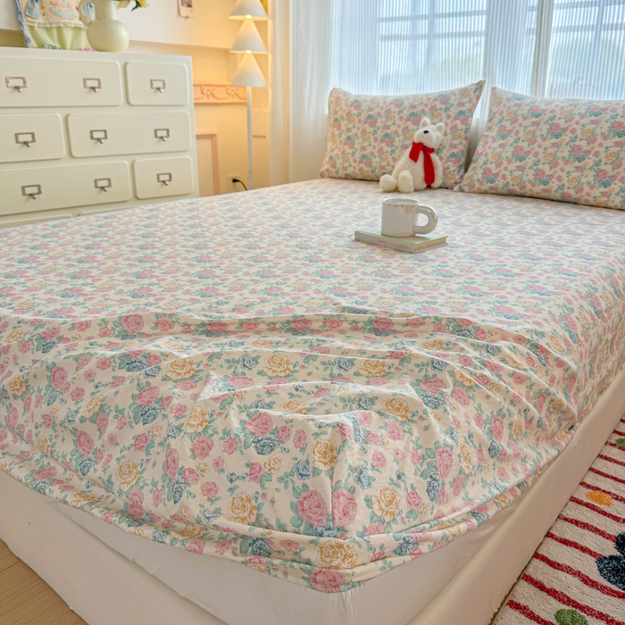 91家纺网 家纺一手货源 找家纺 温眠家纺 2025新款高克重云感双层纱床笠三件套学生床二件套床笠单品 双层纱床笠-花海