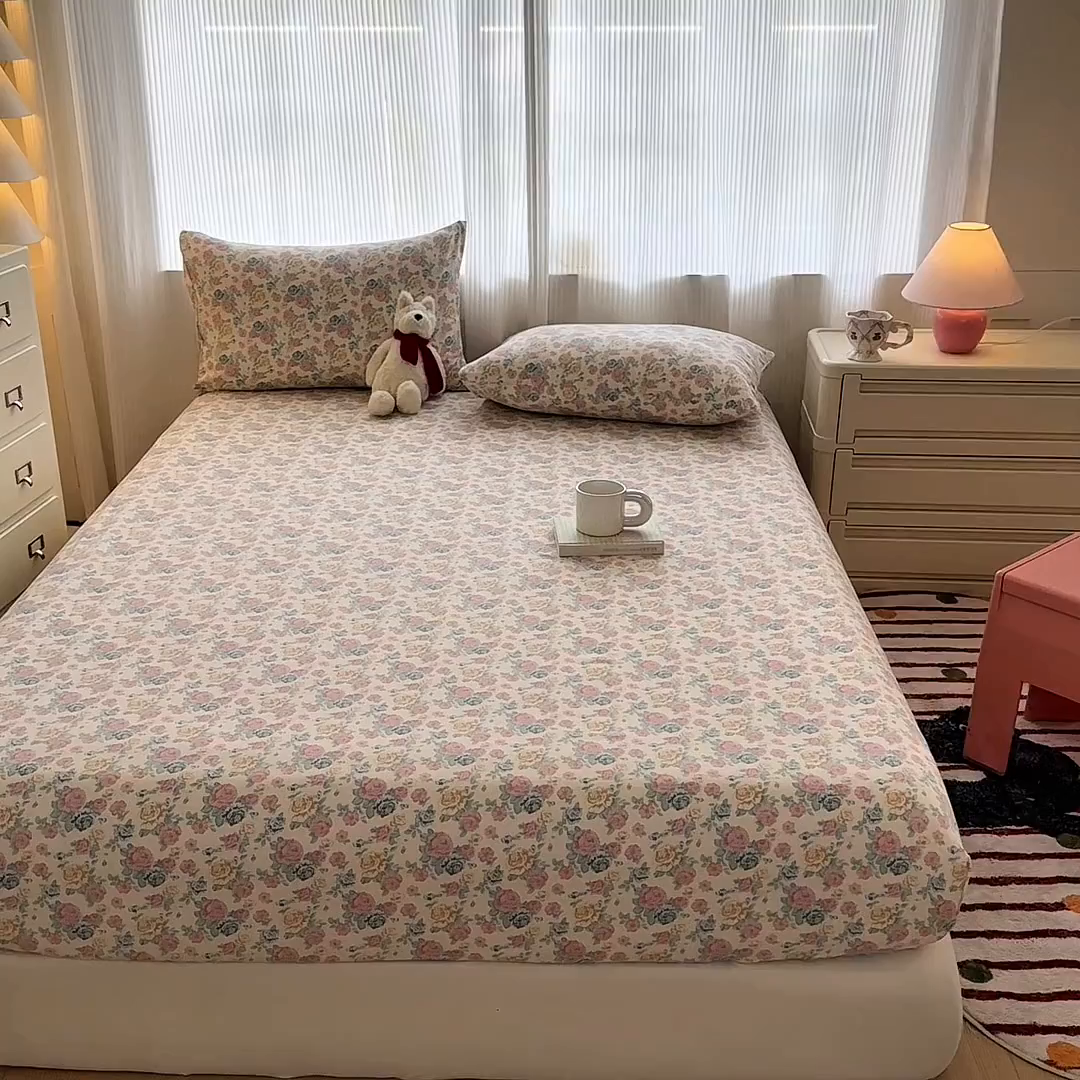 91家纺网 家纺一手货源 找家纺 温眠家纺 2025新款高克重云感双层纱床笠三件套学生床二件套床笠单品 双层纱床笠-花海