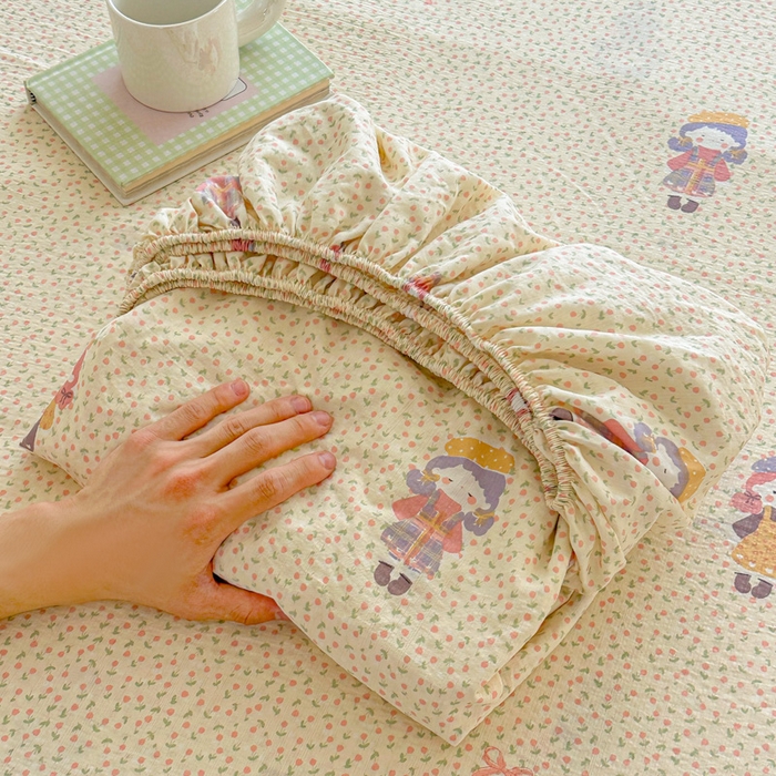 温眠家纺 2025新款高克重云感双层纱床笠三件套学生床二件套床笠单品 双层纱床笠-田野女孩