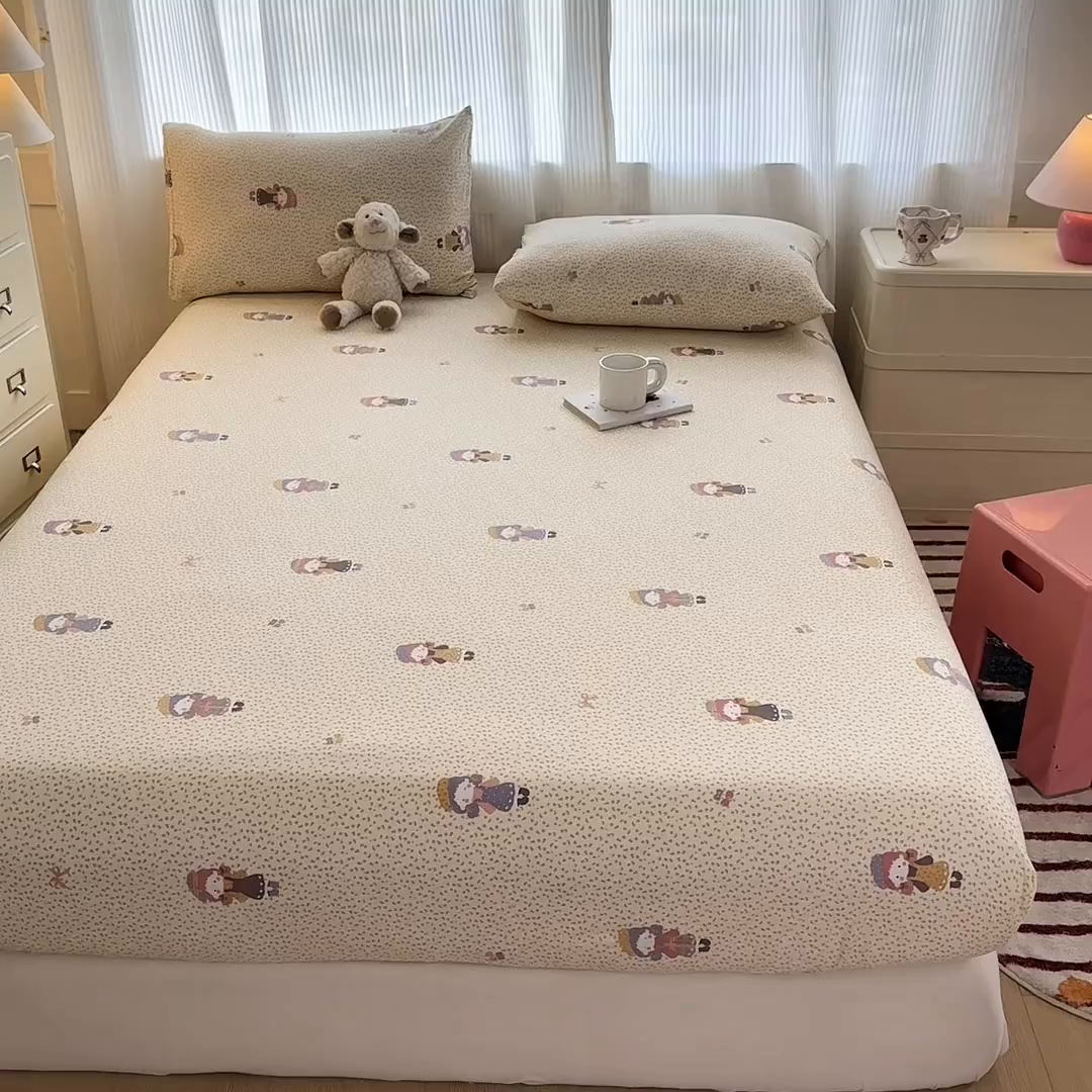 91家纺网 家纺一手货源 找家纺 温眠家纺 2025新款高克重云感双层纱床笠三件套学生床二件套床笠单品 双层纱床笠-田野女孩