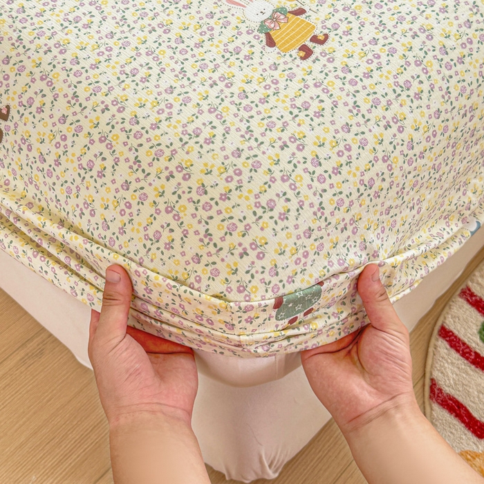 91家纺网 家纺一手货源 找家纺 温眠家纺 2025新款高克重云感双层纱床笠三件套学生床二件套床笠单品 双层纱床笠-田野兔