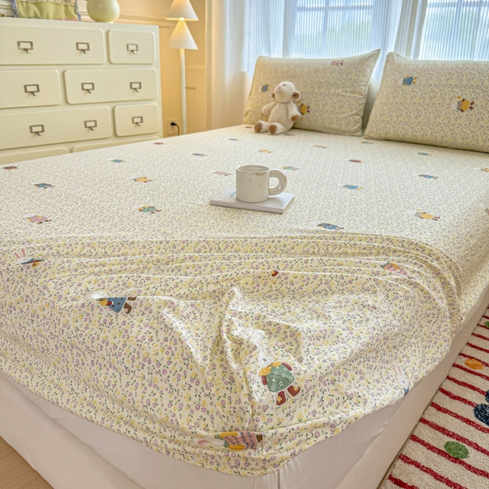 91家纺网 家纺一手货源 找家纺 温眠家纺 2025新款高克重云感双层纱床笠三件套学生床二件套床笠单品 双层纱床笠-田野兔