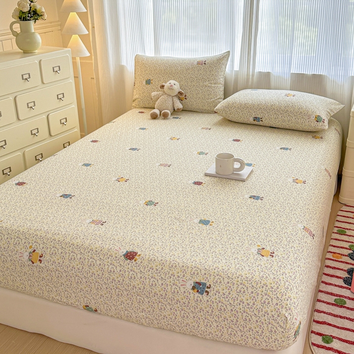 91家纺网 家纺一手货源 找家纺 温眠家纺 2025新款高克重云感双层纱床笠三件套学生床二件套床笠单品 双层纱床笠-田野兔