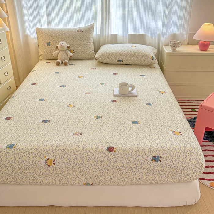 91家纺网 家纺一手货源 找家纺 温眠家纺 2025新款高克重云感双层纱床笠三件套学生床二件套床笠单品 双层纱床笠-田野兔