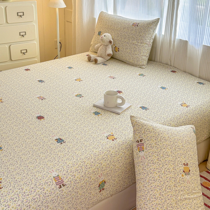 91家纺网 家纺一手货源 找家纺 温眠家纺 2025新款高克重云感双层纱床笠三件套学生床二件套床笠单品 双层纱床笠-田野兔