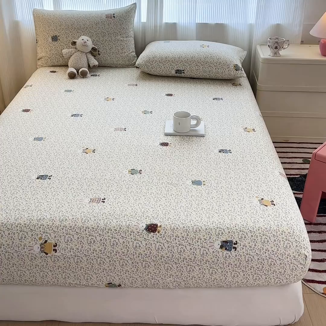 91家纺网 家纺一手货源 找家纺 温眠家纺 2025新款高克重云感双层纱床笠三件套学生床二件套床笠单品 双层纱床笠-田野兔