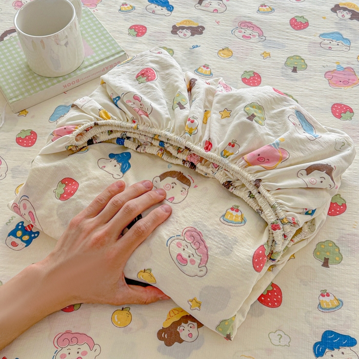 温眠家纺 2025新款高克重云感双层纱床笠三件套学生床二件套床笠单品 双层纱床笠-元气桃桃