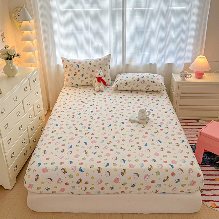 91家纺网 家纺一手货源 找家纺 温眠家纺 2025新款高克重云感双层纱床笠三件套学生床二件套床笠单品 双层纱床笠-元气桃桃