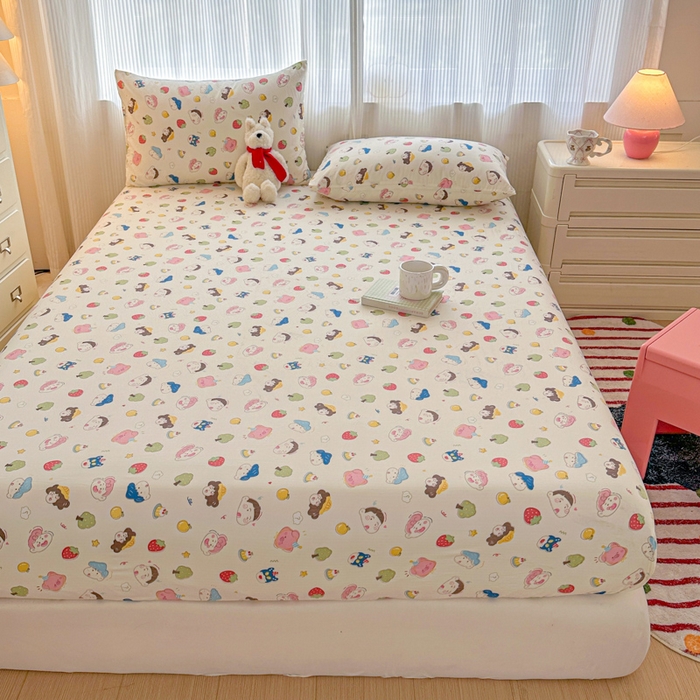 91家纺网 家纺一手货源 找家纺 温眠家纺 2025新款高克重云感双层纱床笠三件套学生床二件套床笠单品 双层纱床笠-元气桃桃