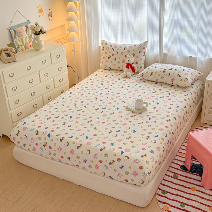 91家纺网 家纺一手货源 找家纺 温眠家纺 2025新款高克重云感双层纱床笠三件套学生床二件套床笠单品 双层纱床笠-元气桃桃