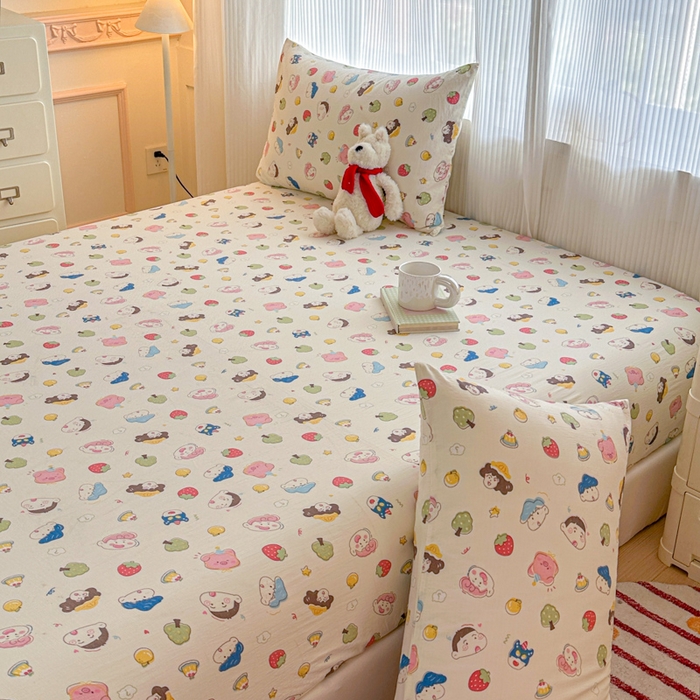 91家纺网 家纺一手货源 找家纺 温眠家纺 2025新款高克重云感双层纱床笠三件套学生床二件套床笠单品 双层纱床笠-元气桃桃