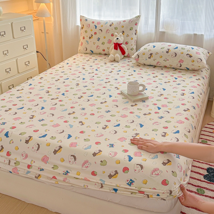 91家纺网 家纺一手货源 找家纺 温眠家纺 2025新款高克重云感双层纱床笠三件套学生床二件套床笠单品 双层纱床笠-元气桃桃