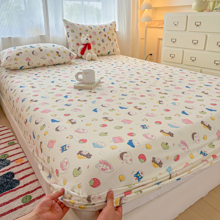 91家纺网 家纺一手货源 找家纺 温眠家纺 2025新款高克重云感双层纱床笠三件套学生床二件套床笠单品 双层纱床笠-元气桃桃