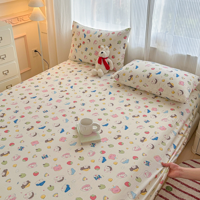 91家纺网 家纺一手货源 找家纺 温眠家纺 2025新款高克重云感双层纱床笠三件套学生床二件套床笠单品 双层纱床笠-元气桃桃