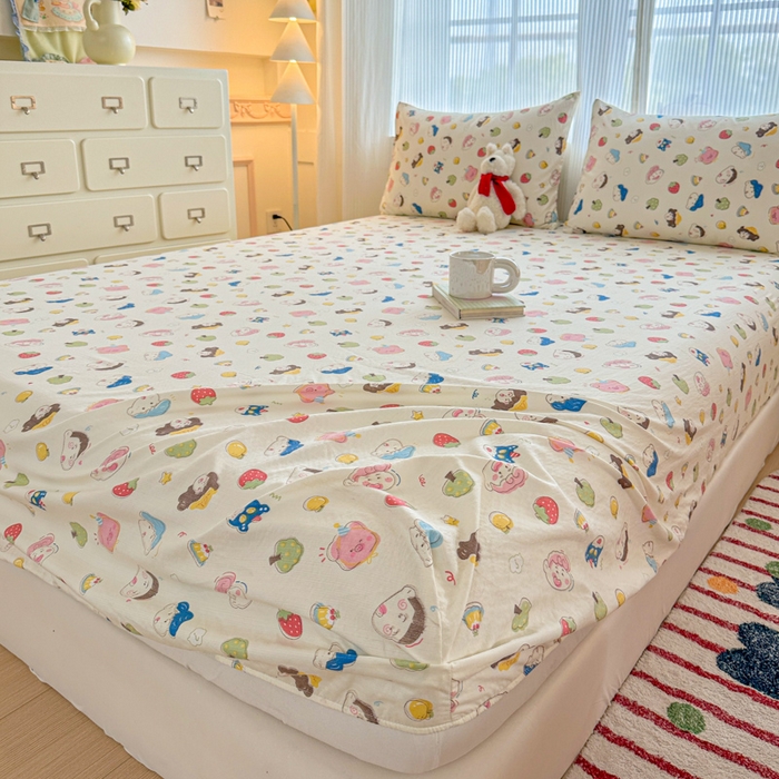 91家纺网 家纺一手货源 找家纺 温眠家纺 2025新款高克重云感双层纱床笠三件套学生床二件套床笠单品 双层纱床笠-元气桃桃