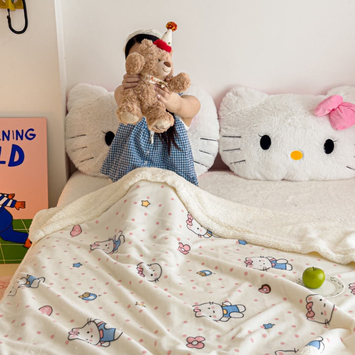 91家纺网 家纺一手货源 找家纺 温眠家纺 2025新款ins羊羔绒牛奶绒可被套休闲毯单被套-毯子图 羊-爱心猫咪