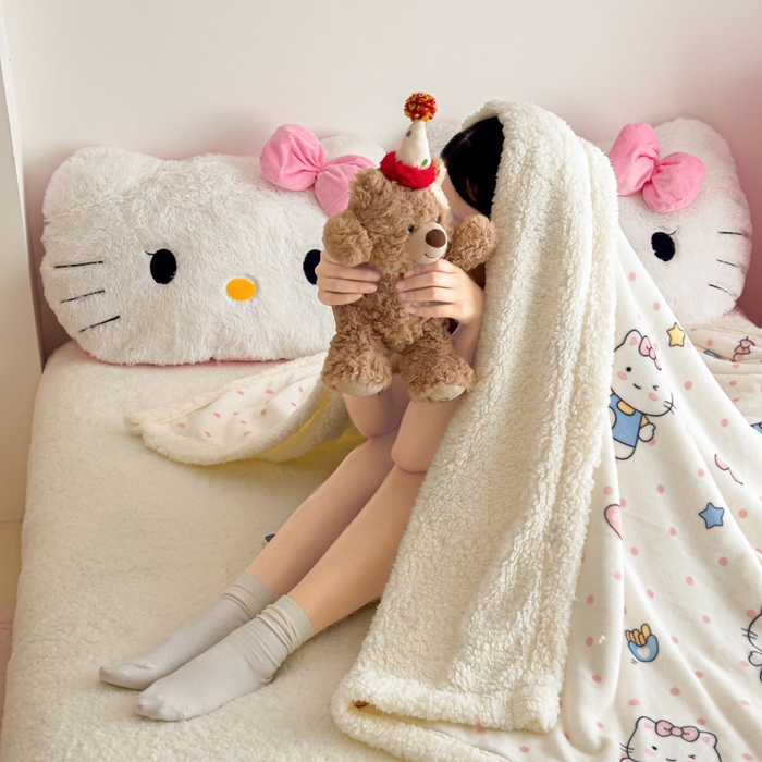 91家纺网 家纺一手货源 找家纺 温眠家纺 2025新款ins羊羔绒牛奶绒可被套休闲毯单被套-毯子图 羊-爱心猫咪