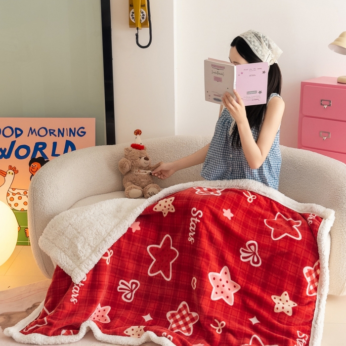 91家纺网 家纺一手货源 找家纺 温眠家纺 2025新款ins羊羔绒牛奶绒可被套休闲毯单被套-毯子图 羊-圣诞星星