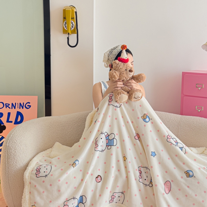 91家纺网 家纺一手货源 找家纺 温眠家纺 2025新款ins羊羔绒牛奶绒可被套休闲毯单被套-毯子图 羊-爱心猫咪