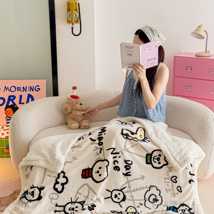 91家纺网 家纺一手货源 找家纺 温眠家纺 2025新款ins羊羔绒牛奶绒可被套休闲毯单被套-毯子图 羊-几何世界