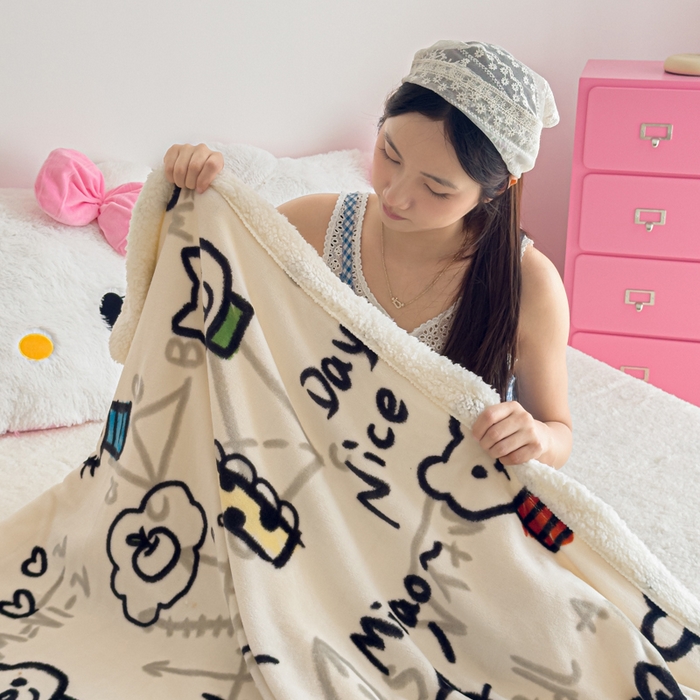 91家纺网 家纺一手货源 找家纺 温眠家纺 2025新款ins羊羔绒牛奶绒可被套休闲毯单被套-毯子图 羊-几何世界