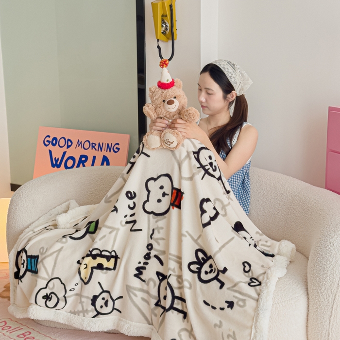 91家纺网 家纺一手货源 找家纺 温眠家纺 2025新款ins羊羔绒牛奶绒可被套休闲毯单被套-毯子图 羊-几何世界