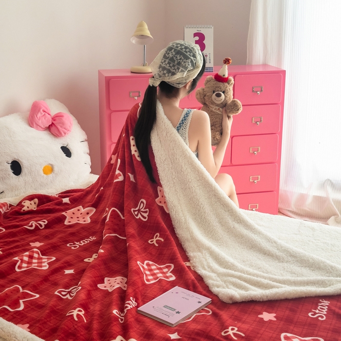 91家纺网 家纺一手货源 找家纺 温眠家纺 2025新款ins羊羔绒牛奶绒可被套休闲毯单被套-毯子图 羊-圣诞星星