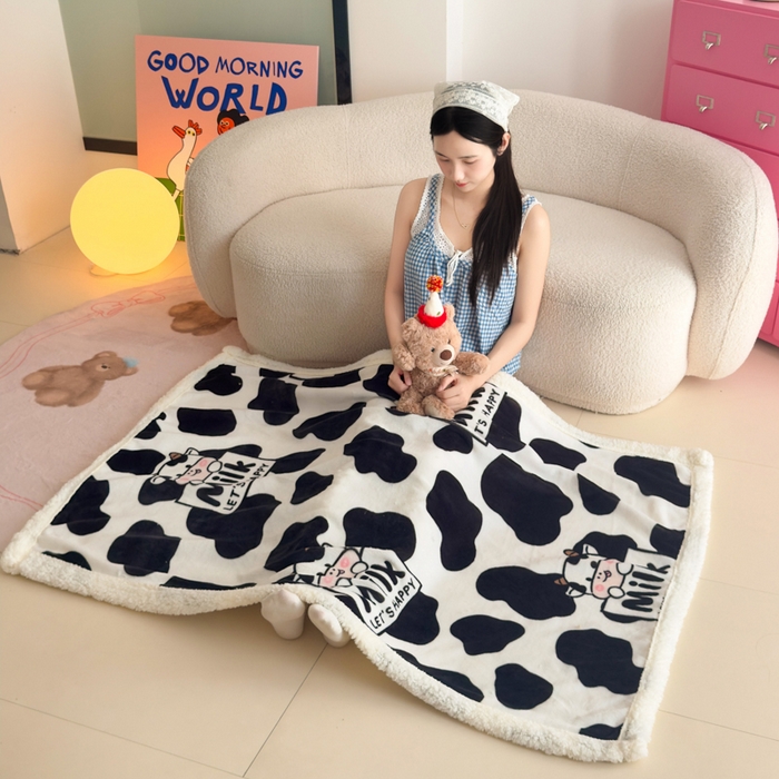 91家纺网 家纺一手货源 找家纺 温眠家纺 2025新款ins羊羔绒牛奶绒可被套休闲毯单被套-毯子图 羊-奶牛