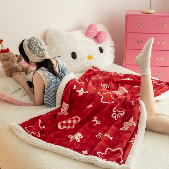 91家纺网 家纺一手货源 找家纺 温眠家纺 2025新款ins羊羔绒牛奶绒可被套休闲毯单被套-毯子图 羊-圣诞星星