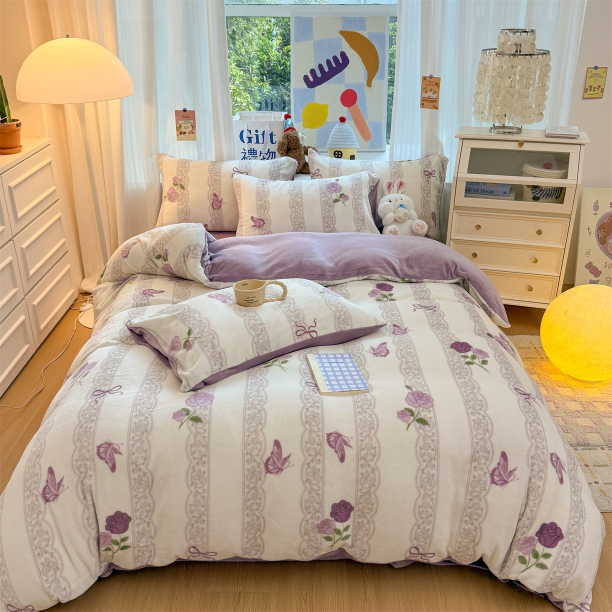 温眠家纺 2025新款全工艺200克牛奶绒印花四件套 紫藤花语