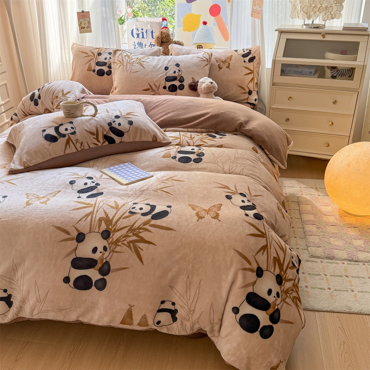 温眠家纺 2025新款全工艺200克牛奶绒印花四件套 竹子熊猫