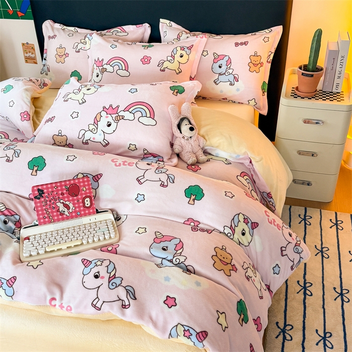 91家纺网 家纺一手货源 找家纺 温眠家纺 2025新款加厚牛奶绒四件套跑量款 彩虹宝丽