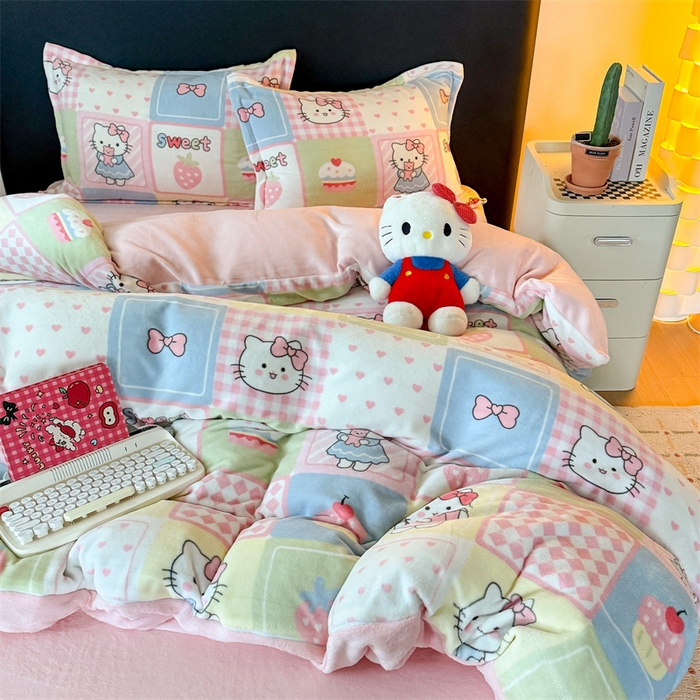 温眠家纺 2025新款加厚牛奶绒四件套跑量款 格子猫咪