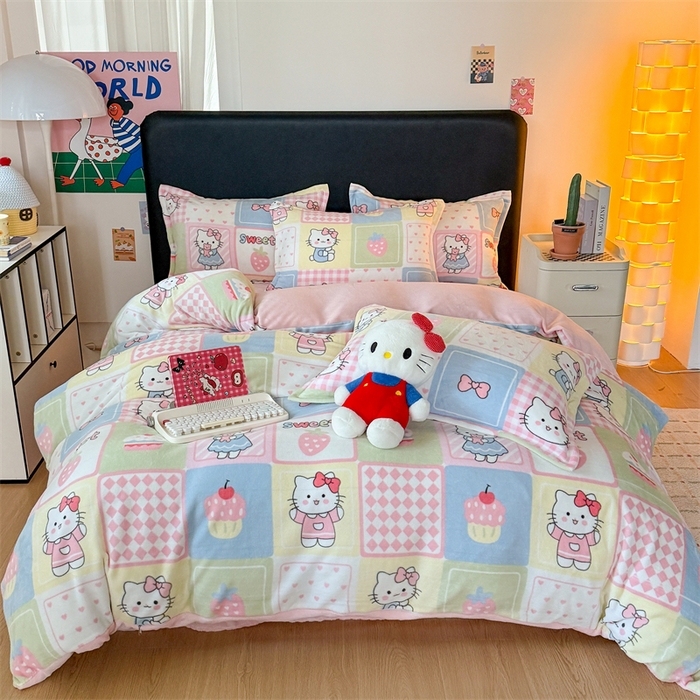 91家纺网 家纺一手货源 找家纺 温眠家纺 2025新款加厚牛奶绒四件套跑量款 格子猫咪