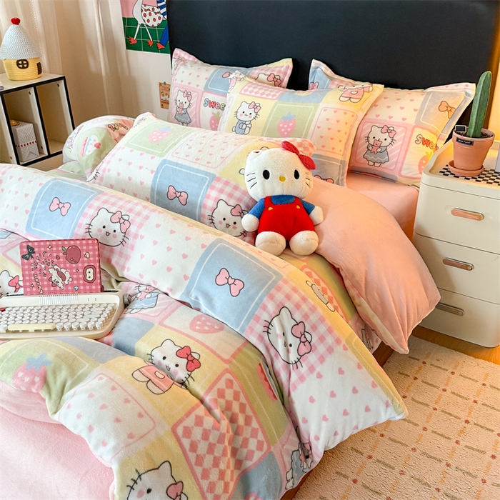 91家纺网 家纺一手货源 找家纺 温眠家纺 2025新款加厚牛奶绒四件套跑量款 格子猫咪